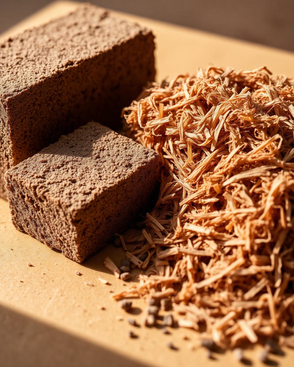 Compressed coco peat coir blocks beside loose brown coco coir fibre on a neutral surface