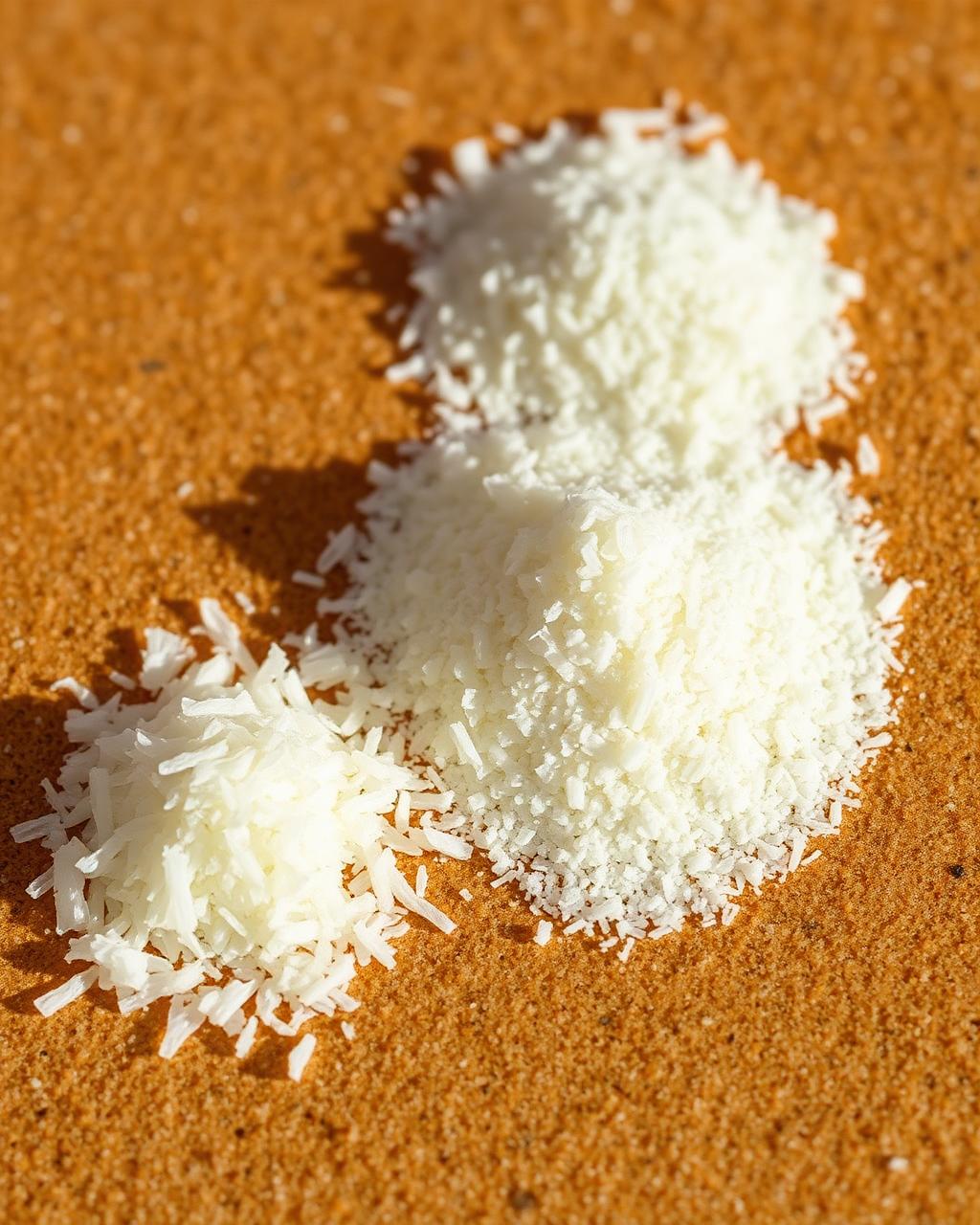 White dehydrated onion flakes, granules and powder in three piles on a warm sand surface