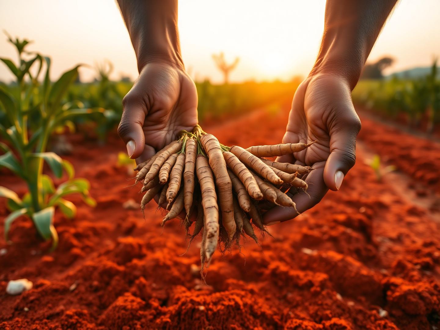 Hands holding freshly harvested turmeric roots over red Indian soil at golden hour