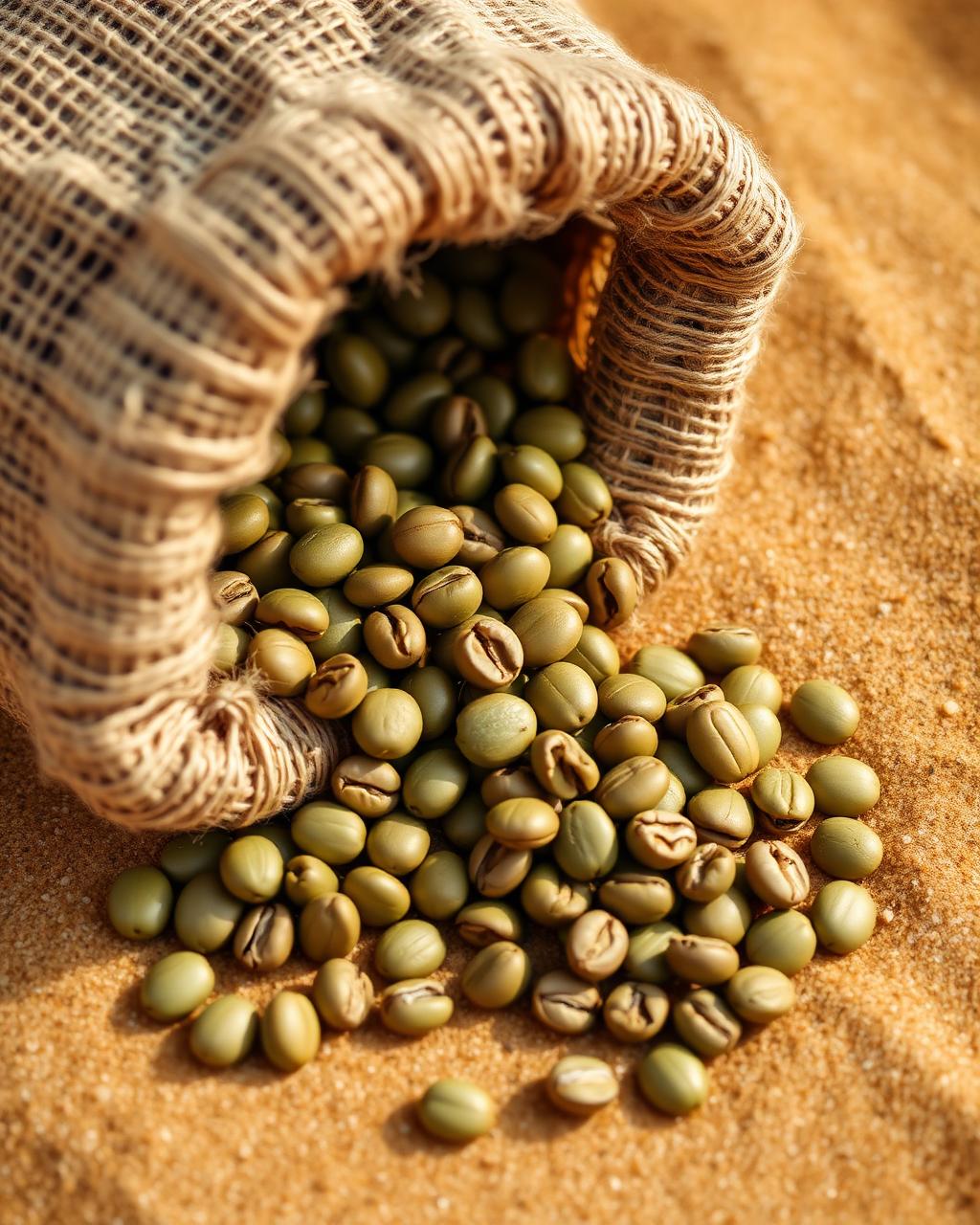 Raw unroasted green coffee beans spilling from a burlap sack onto warm sand
