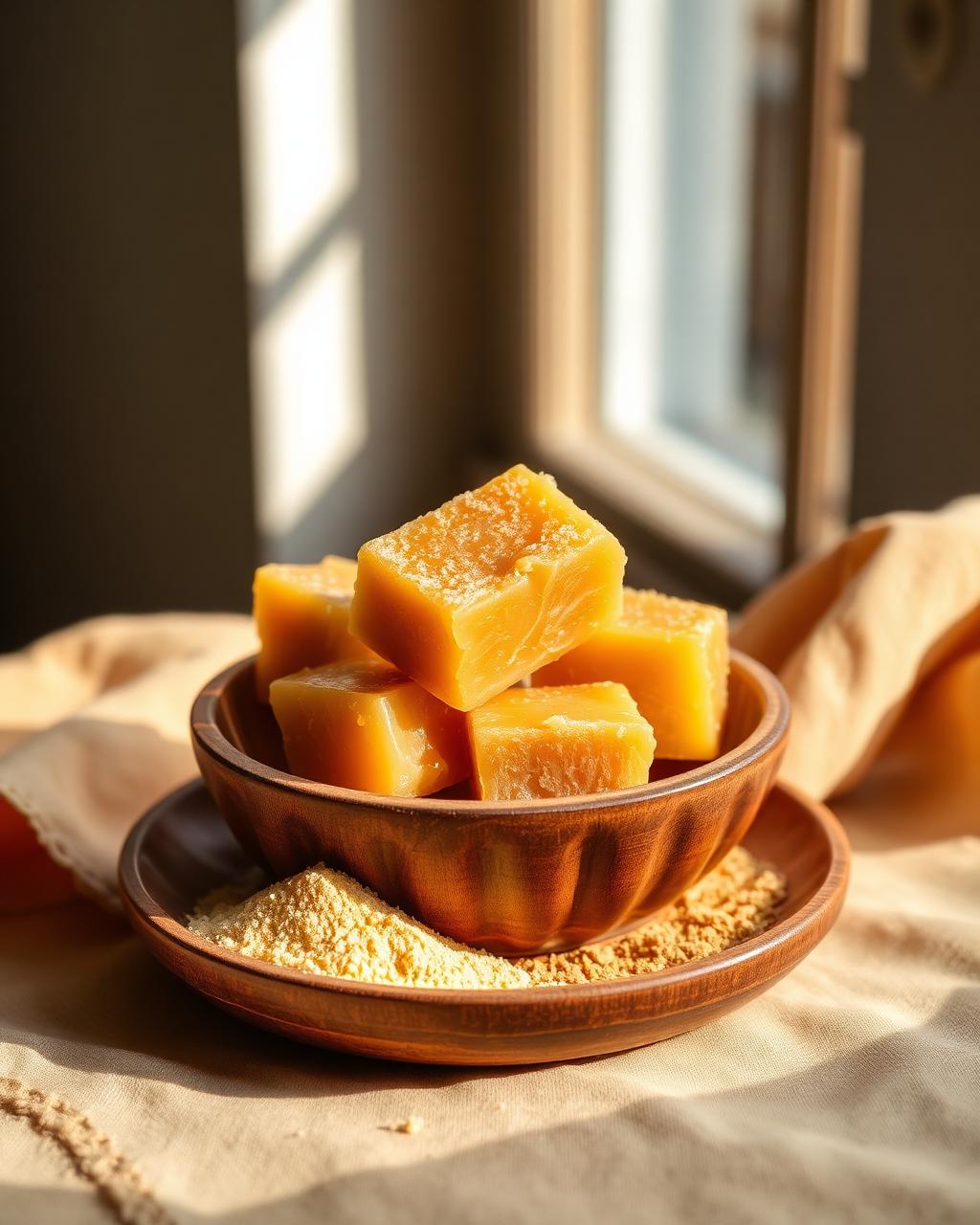 Golden organic jaggery blocks and jaggery powder in a wooden bowl on cream linen