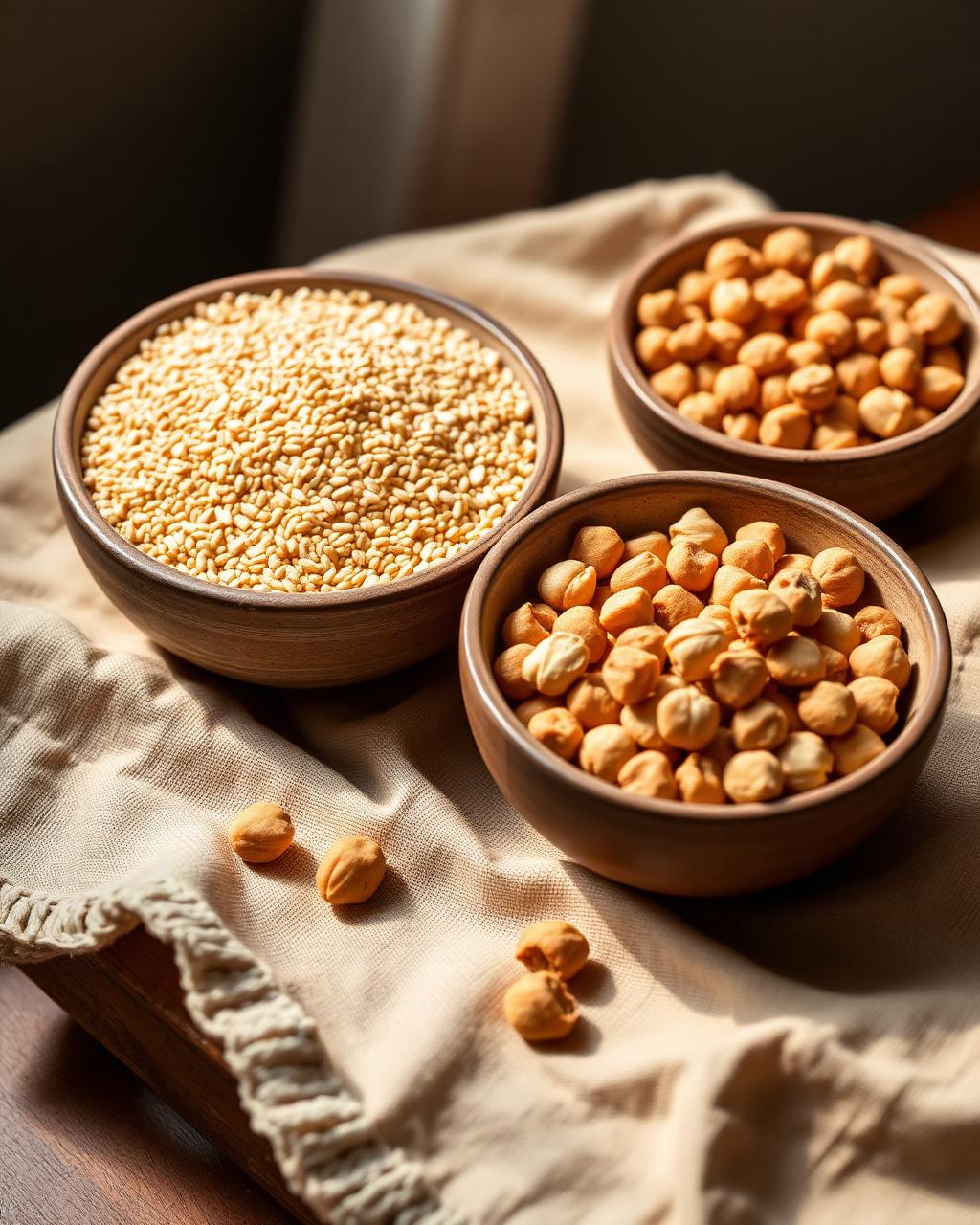 Ragi finger millet grains and puffed makhana fox nuts in rustic bowls on cream linen