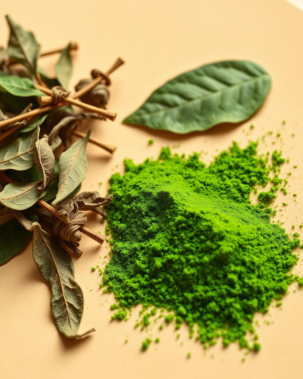 Vivid green moringa leaf powder beside whole dried moringa leaves on a cream surface