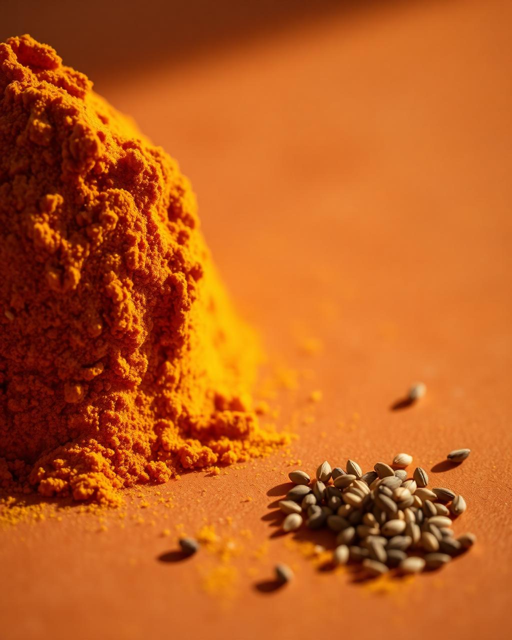 Vivid golden turmeric powder mound and whole cumin seeds on a warm terracotta surface